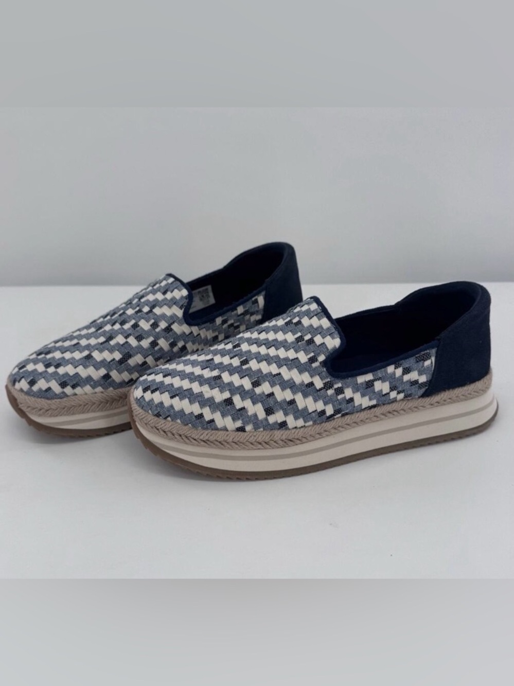 Toms Navy and White Woven Platform Mules